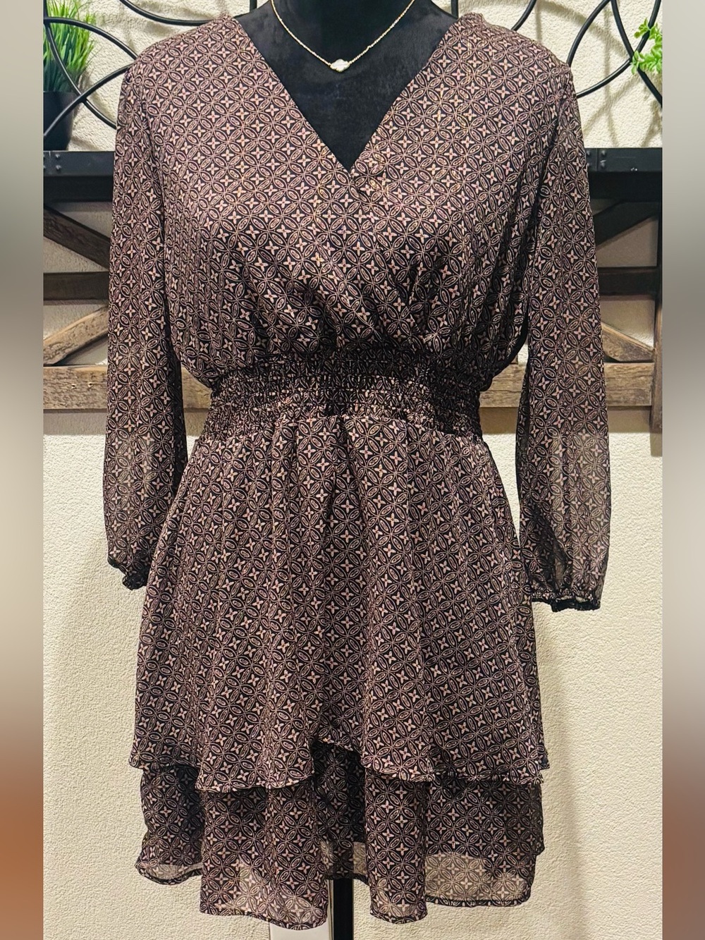 Mimi Chica Black and Gold Long Sleeve Tiered Mini Dress